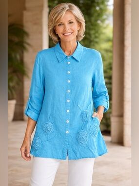 Ali Miles Bright Turquoise Button-Down Shirt with Floral Applique